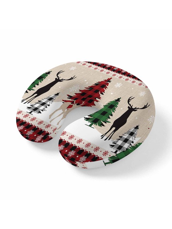Neck Pillow for Travel,Christmas Tree Elk Shadow Winter Snowflake Memory Foam U Shaped Pillows,Portable Headrest Red Plaid Retro Linen Neck Head Support Cushion for Home Office Car Airplane Sleeping