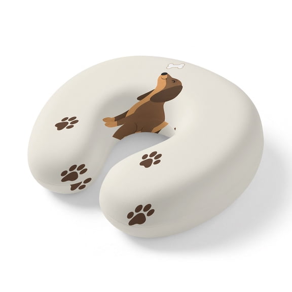 Neck Pillow for Travel,Cute Cartoon Dachshund Memory Foam U Shaped Pillows,Portable Headrest Paw Prints on Beige Neck Head Support Cushion for Home Office Car Airplane Sleeping