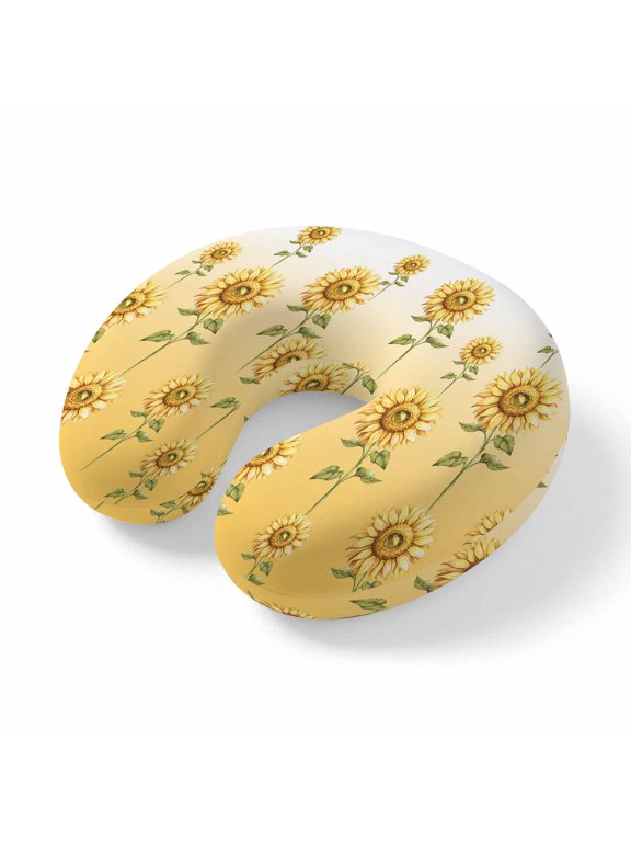 Neck Pillow for Travel,Farm Sunflower Yellow Gradient Memory Foam U Shaped Pillows,Portable Headrest Blossom Floral Green Plant Neck Head Support Cushion for Home Office Car Airplane Sleeping