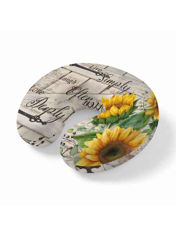 Neck Pillow for Travel,Farm Watercolor Sunflowers Memory Foam U Shaped Pillows,Portable Headrest Live Simply Laugh Often Words Neck Head Support Cushion for Home Office Car Airplane Sleeping