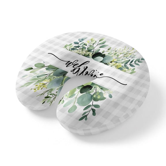 Neck Pillow for Travel,Green Eucalyptus Leaves Memory Foam U Shaped Pillows,Portable Headrest Welcome on Gray White Plaid Neck Head Support Cushion for Home Office Car Airplane Sleeping