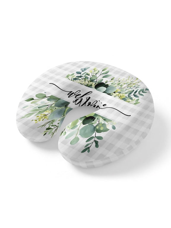 Neck Pillow for Travel,Green Eucalyptus Leaves Memory Foam U Shaped Pillows,Portable Headrest Welcome on Gray White Plaid Neck Head Support Cushion for Home Office Car Airplane Sleeping