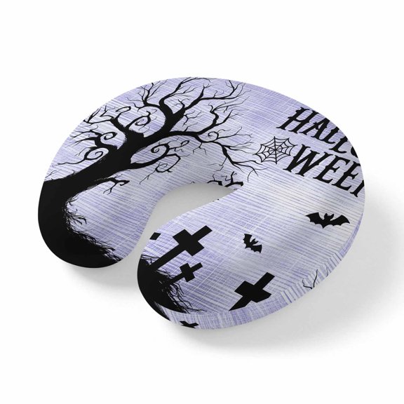 Neck Pillow for Travel,Halloween Dead Trees on Purple Memory Foam U Shaped Pillows,Portable Headrest Horror Moon Crow Neck Head Support Cushion for Home Office Car Airplane Sleeping
