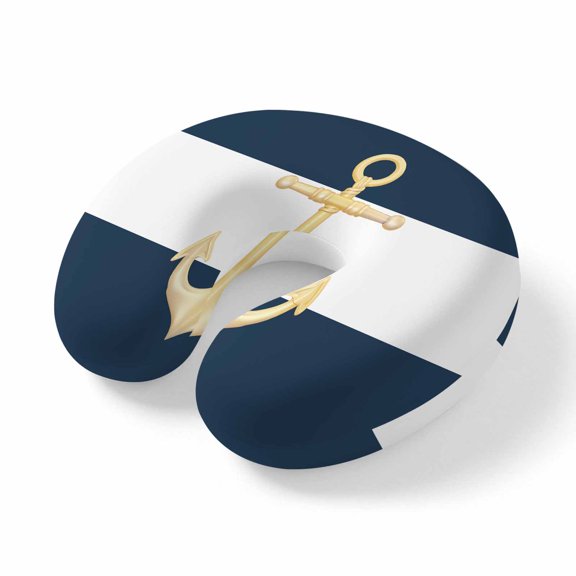 Neck Pillow for Travel,Marine Navy Blue White Color Block Memory Foam U Shaped Pillows,Portable Headrest Nautical Gold Anchor Neck Head Support Cushion for Home Office Car Airplane Sleeping