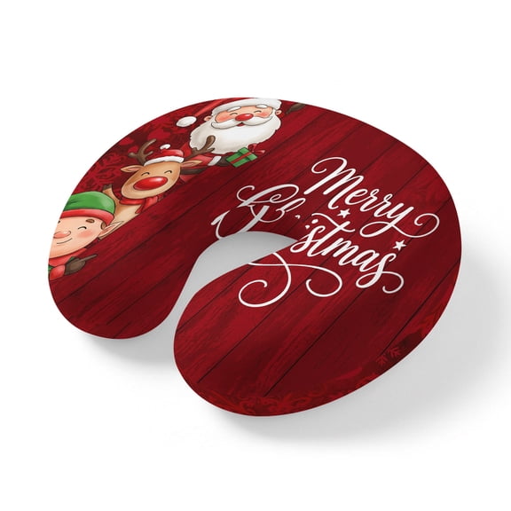 Neck Pillow for Travel,Merry Christmas Santa Claus Reindeer Elf Memory Foam U Shaped Pillows,Portable Headrest Red Snowflake Wood Neck Head Support Cushion for Home Office Car Airplane Sleeping