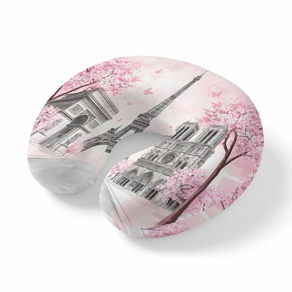 Neck Pillow for Travel,Modern Pink Flower Paris Landmarks Memory Foam U Shaped Pillows,Portable Headrest Towel Architecture Neck Head Support Cushion for Home Office Car Airplane Sleeping