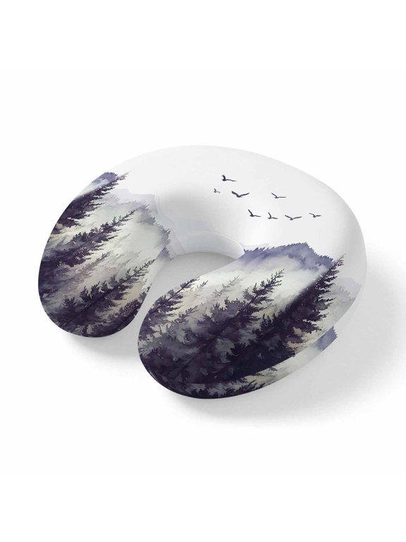 Neck Pillow for Travel,Natural Mountain Forest Bird Memory Foam U Shaped Pillows,Portable Headrest Foggy Landscape Sketch Neck Head Support Cushion for Home Office Car Airplane Sleeping