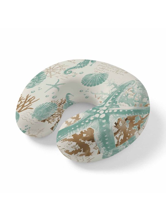 Neck Pillow for Travel,Nautical Watercolor Starfish Shell Memory Foam U Shaped Pillows,Portable Headrest Abstract Brown Coral Anchor Neck Head Support Cushion for Home Office Car Airplane Sleeping