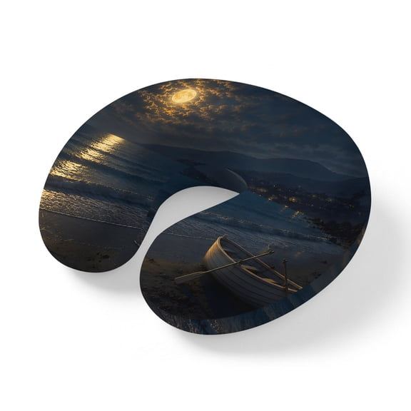 Neck Pillow for Travel,Ocean Beach Full Moon Memory Foam U Shaped Pillows,Portable Headrest Coastal Moonlight Boat Neck Head Support Cushion for Home Office Car Airplane Sleeping