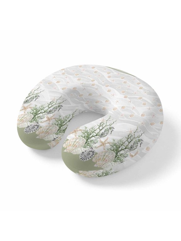 Neck Pillow for Travel,Retro Nautical Marine Life Memory Foam U Shaped Pillows,Portable Headrest Shell Starfish on Gray Sea Waves Neck Head Support Cushion for Home Office Car Airplane Sleeping
