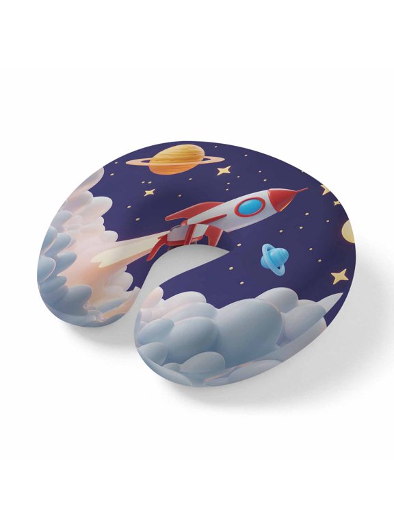 Neck Pillow for Travel,Rocket Space Universe Planet Memory Foam U Shaped Pillows,Portable Headrest Night Star Cartoon Style Neck Head Support Cushion for Home Office Car Airplane Sleeping