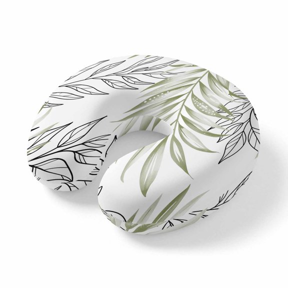 Neck Pillow for Travel,Sage Green Branch Leaf Memory Foam U Shaped Pillows,Portable Headrest Abstract Botanical Lines on White Neck Head Support Cushion for Home Office Car Airplane Sleeping