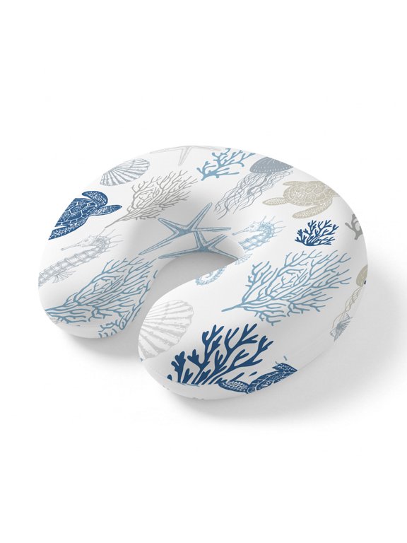 Neck Pillow for Travel,Sea Turtle Blue Coral Seamless Memory Foam U Shaped Pillows,Portable Headrest Ocean Starfish Seahorse Neck Head Support Cushion for Home Office Car Airplane Sleeping