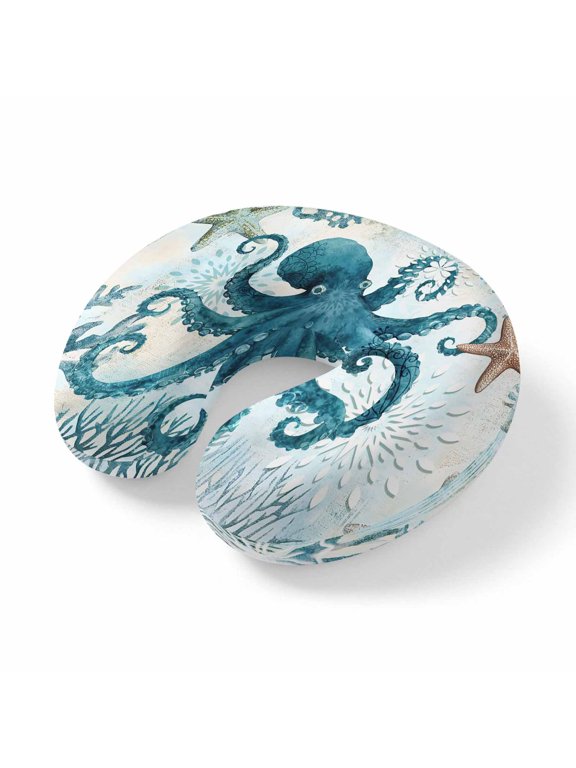 Neck Pillow for Travel,Summer Ocean Blue Octopus Starfish Coral Memory Foam U Shaped Pillows,Portable Headrest Nautical Neck Head Support Cushion for Home Office Car Airplane Sleeping