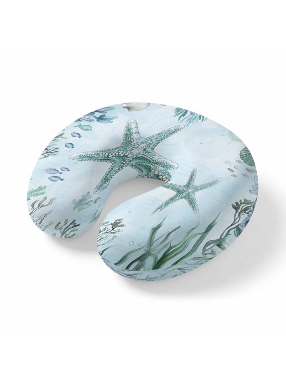 Neck Pillow for Travel,Summer Ocean Starfish Shell Memory Foam U Shaped Pillows,Portable Headrest Coral Seaweed Underwater World Neck Head Support Cushion for Home Office Car Airplane Sleeping