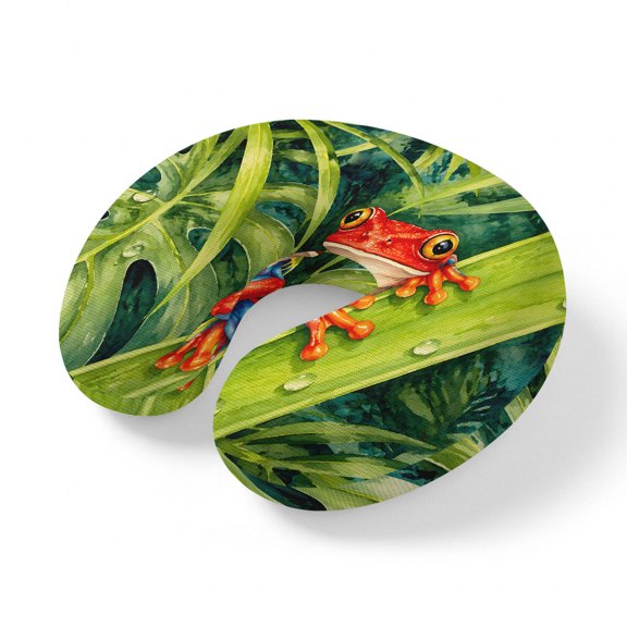 Neck Pillow for Travel,Summer Wildlife Red Frog Pattern Memory Foam U Shaped Pillows,Portable Headrest Tropical Palm Leaf Neck Head Support Cushion for Home Office Car Airplane Sleeping