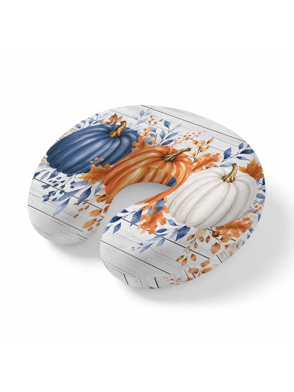 Neck Pillow for Travel,Thanksgiving Fall Pumpkin Leaves Memory Foam U Shaped Pillows,Portable Headrest Rustic Plant on Retro Wood Neck Head Support Cushion for Home Office Car Airplane Sleeping