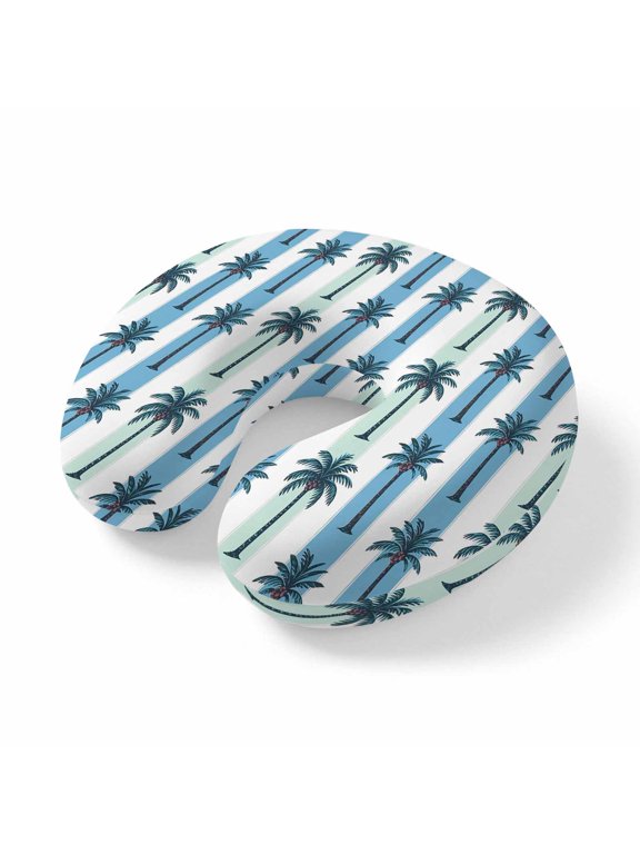 Neck Pillow for Travel,Tropical Coconut Tree Blue Stripe Memory Foam U Shaped Pillows,Portable Headrest Summer Plant Neck Head Support Cushion for Home Office Car Airplane Sleeping