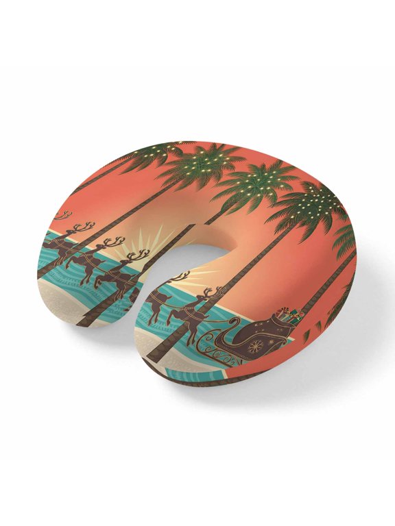 Neck Pillow for Travel,Tropical Palm Trees Memory Foam U Shaped Pillows,Portable Headrest Santa Claus Reindeer Sun Neck Head Support Cushion for Home Office Car Airplane Sleeping