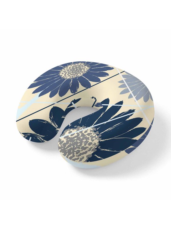 Neck Pillow for Travel,Watercolor Blue Sunflower on Beige Memory Foam U Shaped Pillows,Portable Headrest Farm Flower Texture Stripe Neck Head Support Cushion for Home Office Car Airplane Sleeping