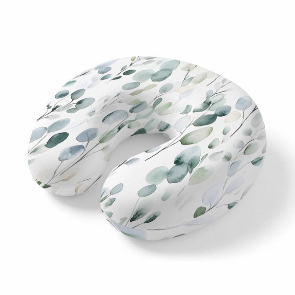 Neck Pillow for Travel,Watercolor Eucalyptus Leaf Memory Foam U Shaped Pillows,Portable Headrest Rustic Sage Green Plant Neck Head Support Cushion for Home Office Car Airplane Sleeping