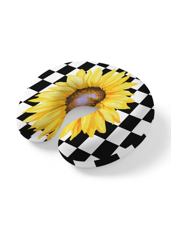 Neck Pillow for Travel,Watercolor Sunflower on Checkered Memory Foam U Shaped Pillows,Portable Headrest Yellow Black White Neck Head Support Cushion for Home Office Car Airplane Sleeping