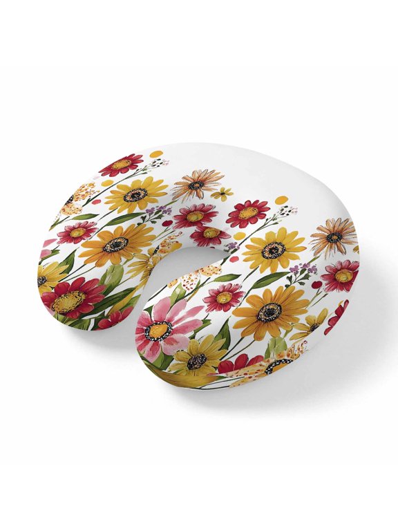 Neck Pillow for Travel,Watercolor Sunflower Leaves Plant Memory Foam U Shaped Pillows,Portable Headrest Blossom Floral on White Neck Head Support Cushion for Home Office Car Airplane Sleeping