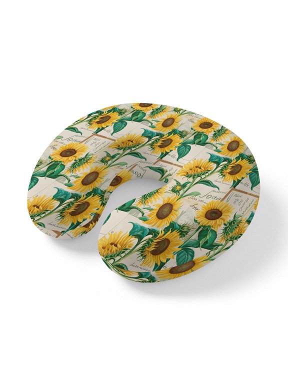 Neck Pillow for Travel,Watercolor Sunflower on Vintage Letter Memory Foam U Shaped Pillows,Portable Headrest Summer Floral Neck Head Support Cushion for Home Office Car Airplane Sleeping