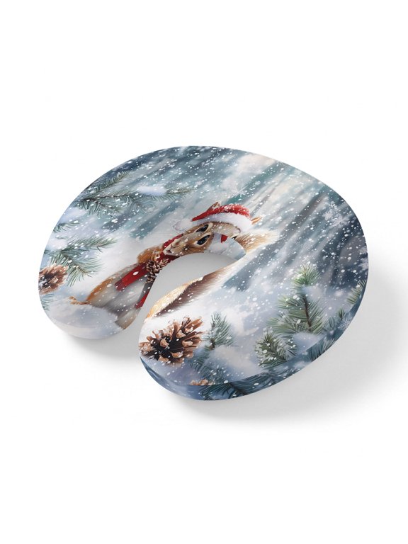 Neck Pillow for Travel,Winter Squirrels Pine Trees Memory Foam U Shaped Pillows,Portable Headrest Christmas Snow Scene Forest Neck Head Support Cushion for Home Office Car Airplane Sleeping