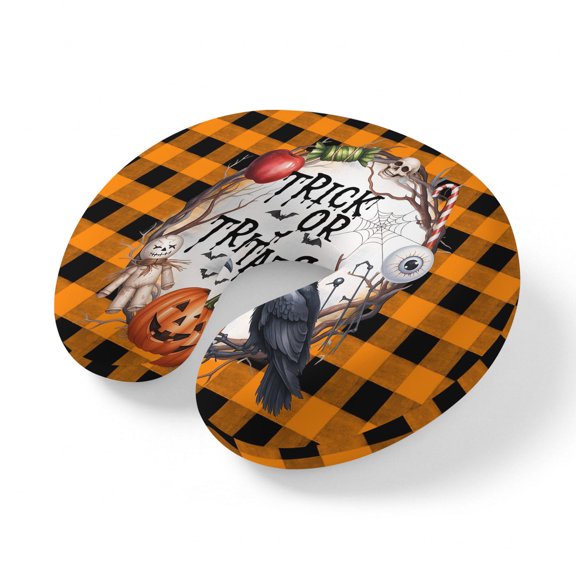 Neck Pillow Trick Or Treat Words Halloween Pumpkin Travel Pillow Memory Foam U Shaped Pillows, Crow on Plaid Travel Neck Pillows for Airplane Car Office Home Sleeping Rest