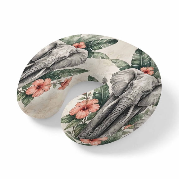 Neck Pillow Tropical Elephant Hibiscus Leaf Travel Pillow Memory Foam U Shaped Pillows, Vintage Animal Botanical Travel Neck Pillows for Airplane Car Office Home Sleeping Rest