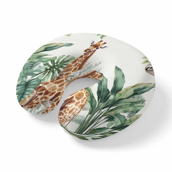Neck Pillow, Tropical Giraffe Sloth Memory Foam U-Shaped Travel Pillow for Airplane Car Train Office Nap, Portable Soft Head Neck Support for Sleeping & Reclining Watercolor Summer Palm Leaf