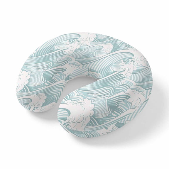 Neck Pillow, Turquoise Ocean Waves Memory Foam U-Shaped Travel Pillow for Airplane Car Train Office Nap, Portable Soft Head Neck Support for Sleeping & Reclining Moire Seaside Abstract Art