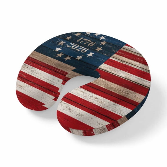 Neck Pillow USA Flag Stripe Star Travel Pillow Memory Foam U Shaped Pillows, American Anniversary Retro Wood Board Travel Neck Pillows for Airplane Car Office Home Sleeping Rest