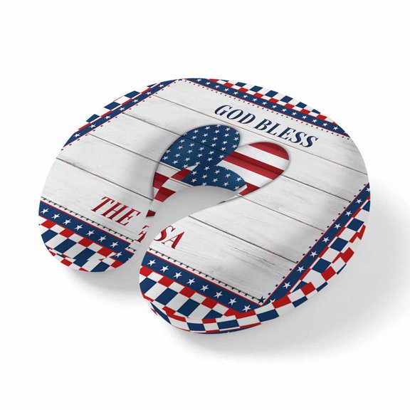Neck Pillow USA Independence Day Flag Hearts Travel Pillow Memory Foam U Shaped Pillows, Blue White Red Lattice Travel Neck Pillows for Airplane Car Office Home Sleeping Rest