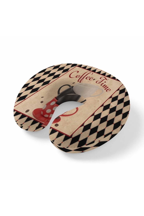 Neck Pillow Vintage Coffee Cup Beans Texts Travel Pillow Memory Foam U Shaped Pillows, Black Check Border Travel Neck Pillows for Airplane Car Office Home Sleeping Rest