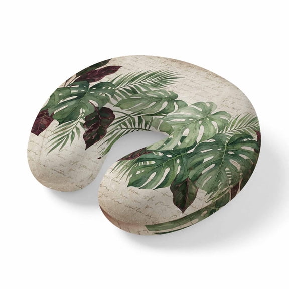 Neck Pillow Vintage Dark Green Monstera Leaves Travel Pillow Memory Foam U Shaped Pillows, Retro Foliage Travel Neck Pillows for Airplane Car Office Home Sleeping Rest