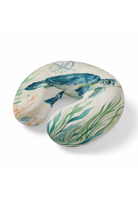 Neck Pillow Vintage Nautical Sea Turtle Travel Pillow Memory Foam U Shaped Pillows, Coastal Marine Life Travel Neck Pillows for Airplane Car Office Home Sleeping Rest