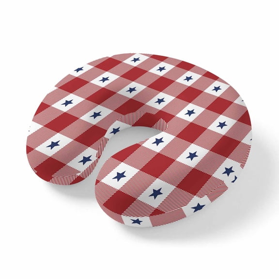 Neck Pillow Vintage Red White Buffalo Plaid Travel Pillow Memory Foam U Shaped Pillows, Patriotic USA Stars Travel Neck Pillows for Airplane Car Office Home Sleeping Rest