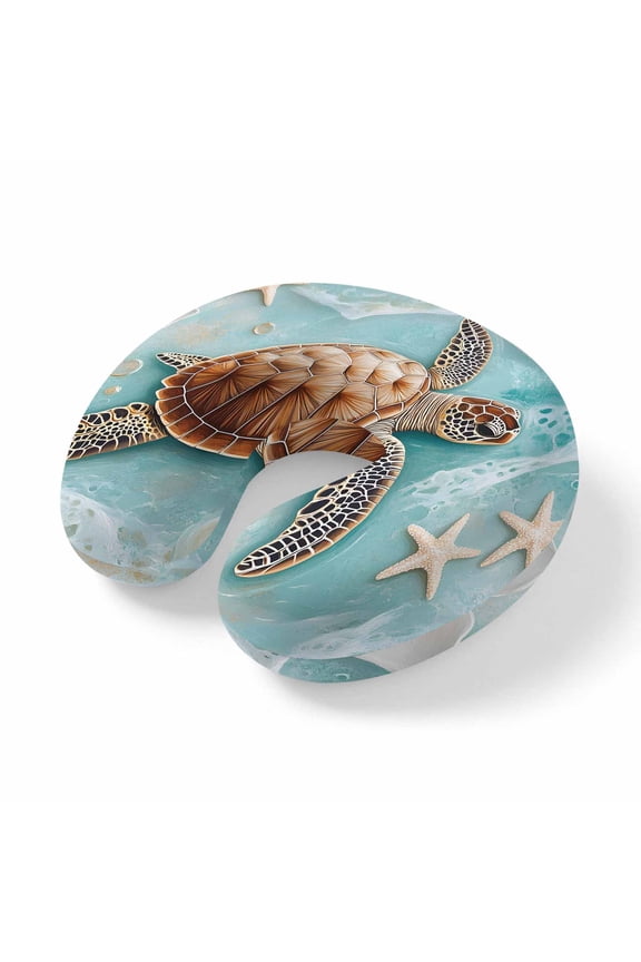 Neck Pillow Vintage Seaside Starfish Shell Turtle Travel Pillow Memory Foam U Shaped Pillows, Ocean Waves Travel Neck Pillows for Airplane Car Office Home Sleeping Rest