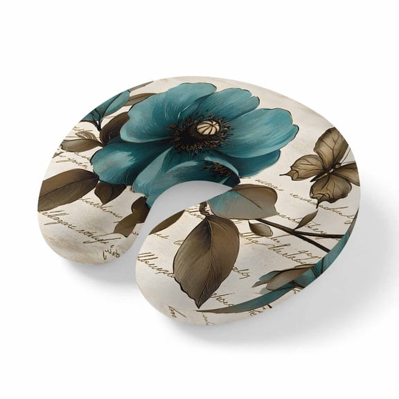 Neck Pillow Vintage Teal Blue Flower Butterfly Travel Pillow Memory Foam U Shaped Pillows, Spring Floral Travel Neck Pillows for Airplane Car Office Home Sleeping Rest