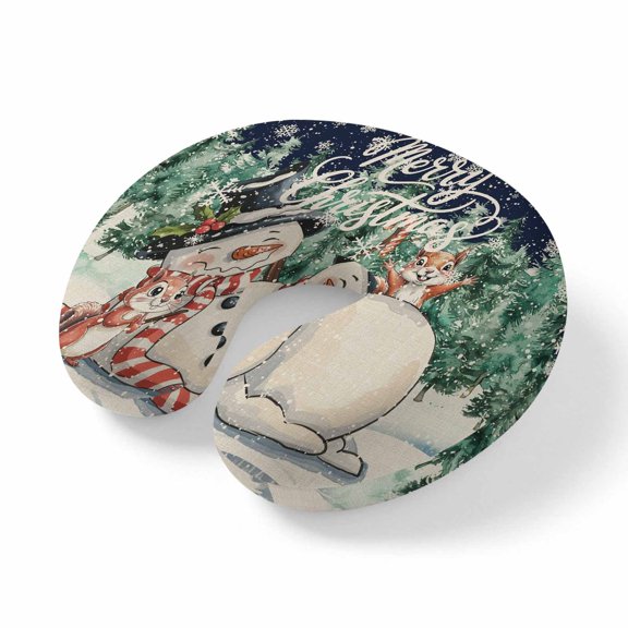 Neck Pillow Vintage Winter Snowman Squirrel Travel Pillow Memory Foam U Shaped Pillows, Christmas Trees Travel Neck Pillows for Airplane Car Office Home Sleeping Rest