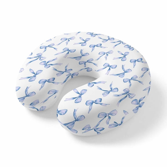 Neck Pillow Watercolor Blue Bow Travel Pillow Memory Foam U Shaped Pillows, Romantic Style Travel Neck Pillows for Airplane Car Office Home Sleeping Rest