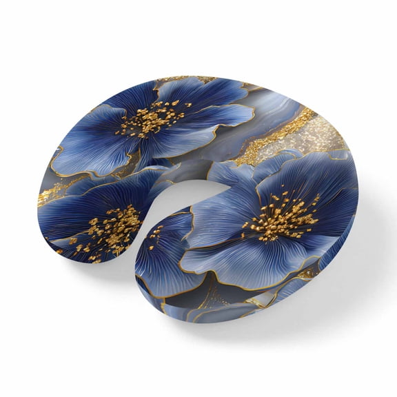 Neck Pillow Watercolor Blue Flower Abstract Gold Travel Pillow Memory Foam U Shaped Pillows, Romantic Floral Travel Neck Pillows for Airplane Car Office Home Sleeping Rest