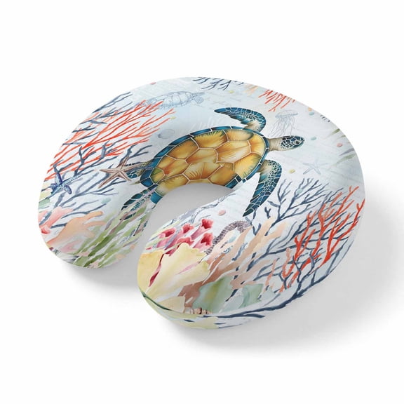Neck Pillow Watercolor Coastal Sea Turtle Coral Seahorse Starfish Travel Pillow Memory Foam U Shaped Pillows, Underwater World Travel Neck Pillows for Airplane Car Office Home Sleeping Rest