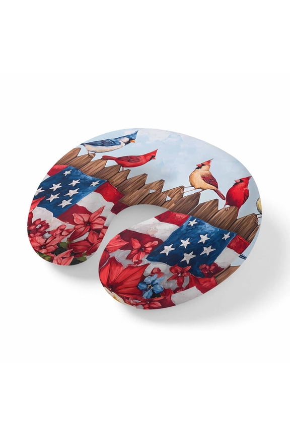 Neck Pillow Watercolor Farmhouse Fence Birds Floral Travel Pillow Memory Foam U Shaped Pillows, USA Flag Theme Travel Neck Pillows for Airplane Car Office Home Sleeping Rest