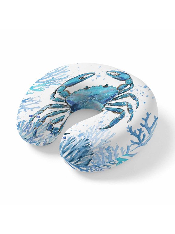 Neck Pillow Watercolor Ocean Blue Crab Coral Travel Pillow Memory Foam U Shaped Pillows, Marine Life Theme Travel Neck Pillows for Airplane Car Office Home Sleeping Rest