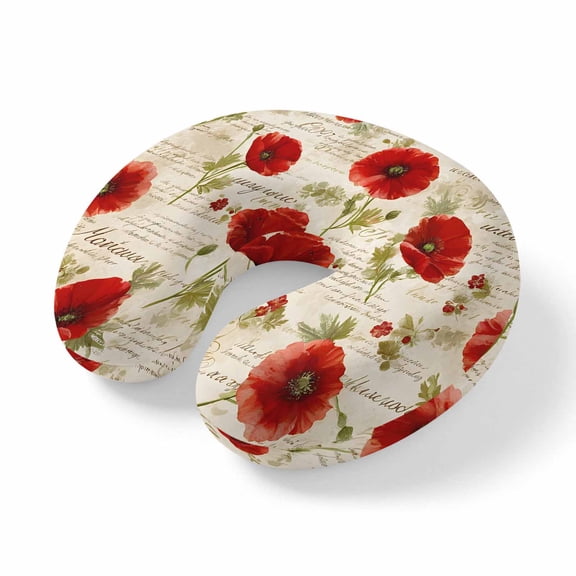 Neck Pillow Watercolor Romantic Red Poppies Floral Travel Pillow Memory Foam U Shaped Pillows, Vintage Botanical Travel Neck Pillows for Airplane Car Office Home Sleeping Rest
