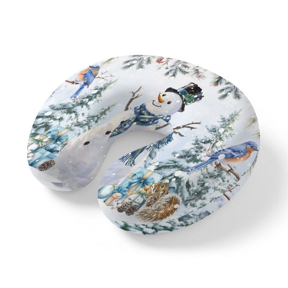 Neck Pillow Watercolor Winter Snowman Squirrel Travel Pillow Memory Foam U Shaped Pillows, Christmas Bird Travel Neck Pillows for Airplane Car Office Home Sleeping Rest