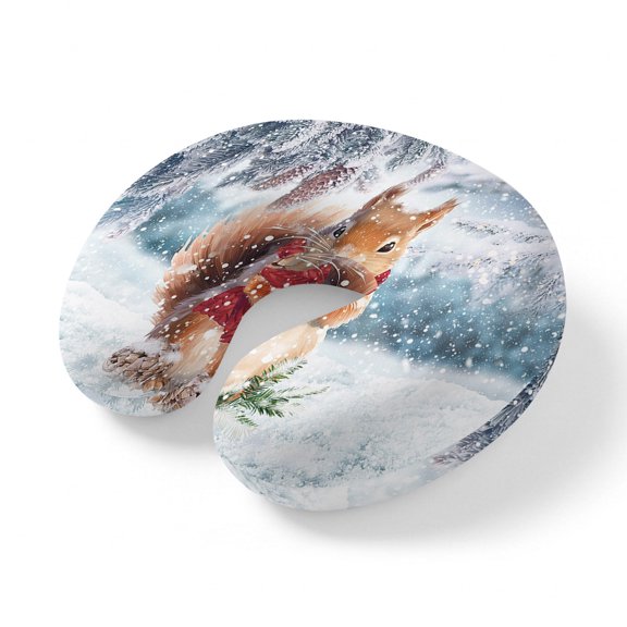 Neck Pillow Winter Christmas Cute Squirrel Travel Pillow Memory Foam U Shaped Pillows, Watercolor Snowy Scene Travel Neck Pillows for Airplane Car Office Home Sleeping Rest